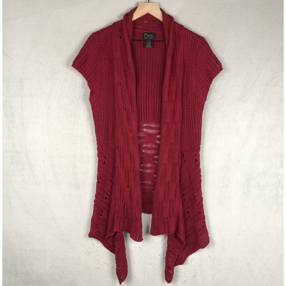 PURE HANDKNIT 100% Cotton Open Waterfall Cardigan Sz S / M‎ Red Loose Knit Cap - Picture 1 of 10